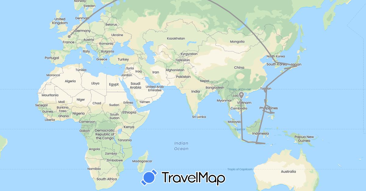 TravelMap itinerary: driving, plane in France, Indonesia, Japan, South Korea, Philippines, Taiwan, Vietnam (Asia, Europe)